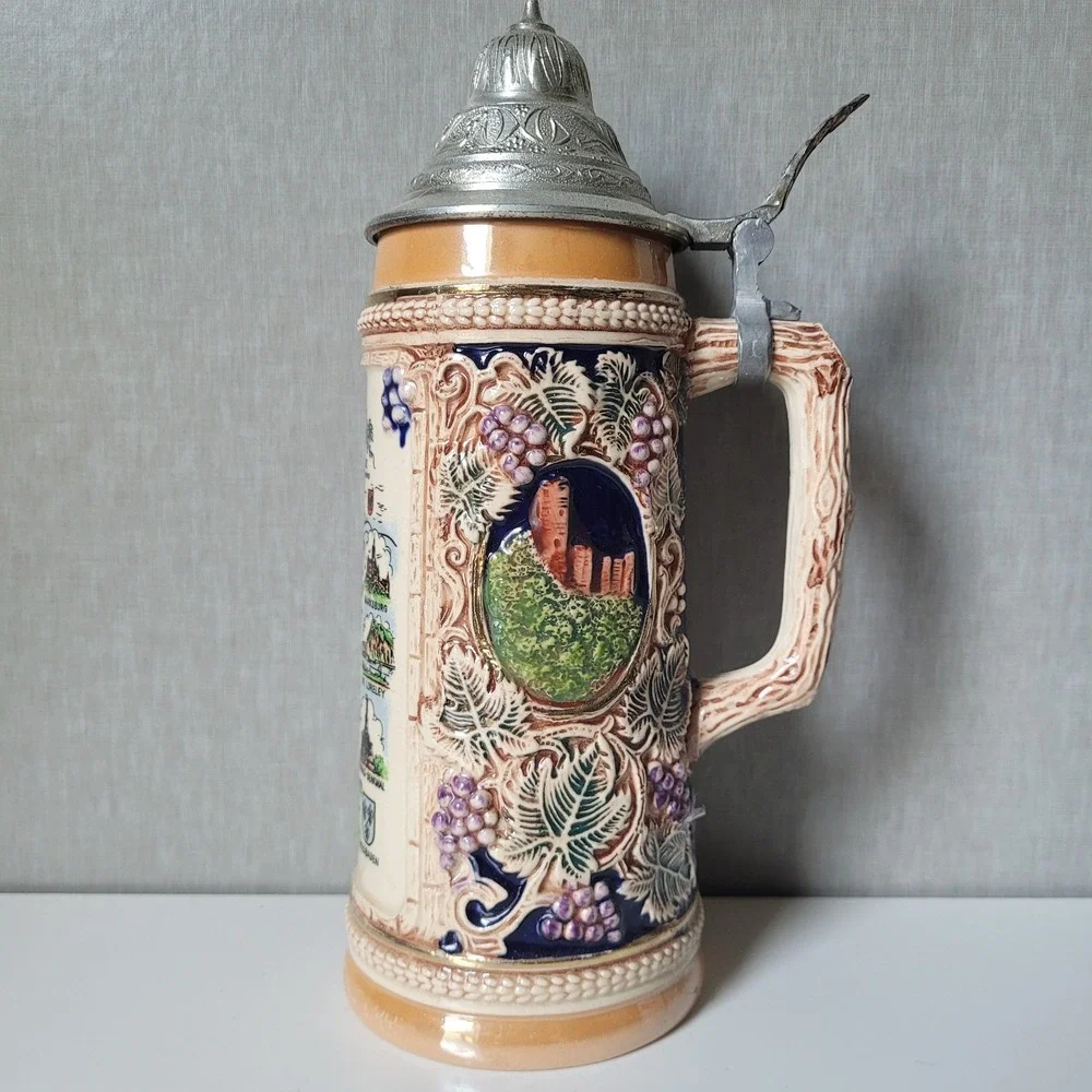 Vintage Thewalt German Beer Stein Lidded Der Rhein Map Castle Relief Handpainted